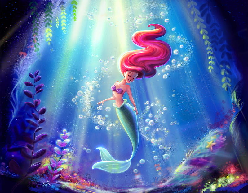The Little Mermaid, The Little Mermaid (1989), Ariel (The Little Mermaid), Long Hair, Mermaid, Red Hair, Smile, Underwater, HD wallpaper