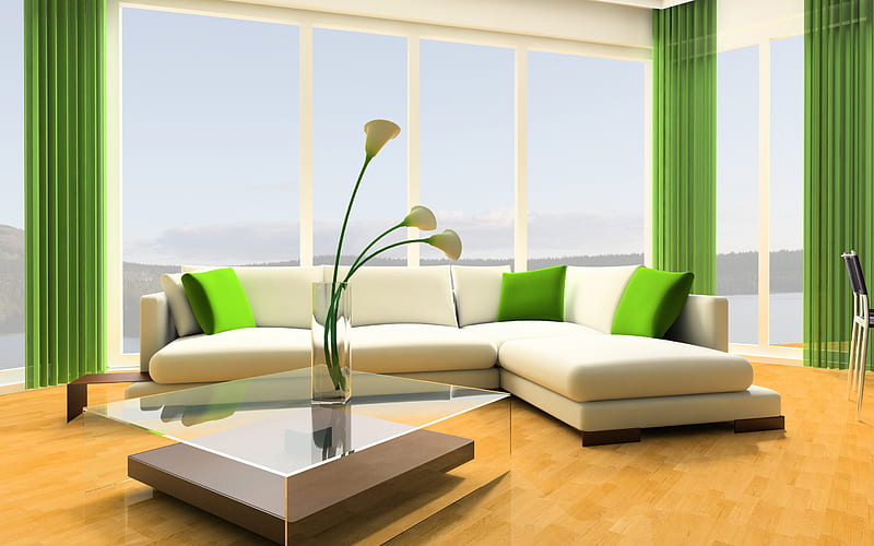 living room, stylish green interior, modern design, square glass table, project, white sofa, HD wallpaper