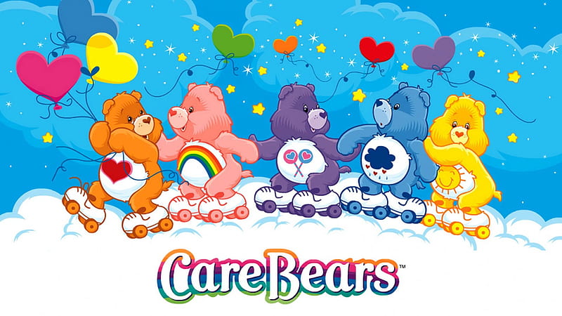Care bears, colorful, fun, joy, clouds, corazones, winter, sweet, cute, snow, frisnds, bears, HD wallpaper