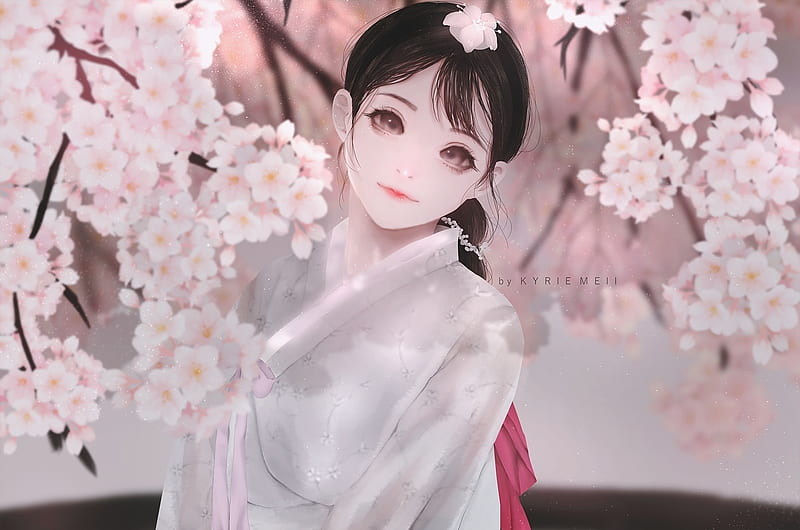 Girl, fantasy, kyrie meii, luminos, flower, asian, spring, pink, sakura, HD wallpaper