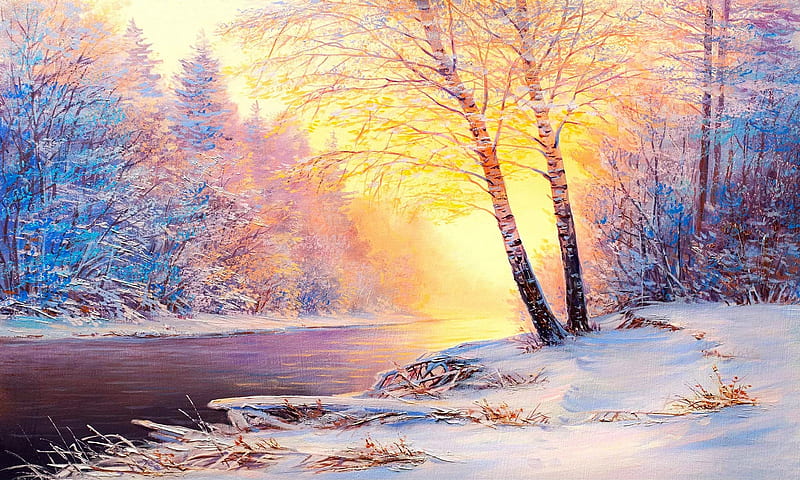 Winter wonderland, forest, oil, wonderland, sunset, bonito, winter, cold, tree, snow, painting, ice, river, sunrise, frost, HD wallpaper