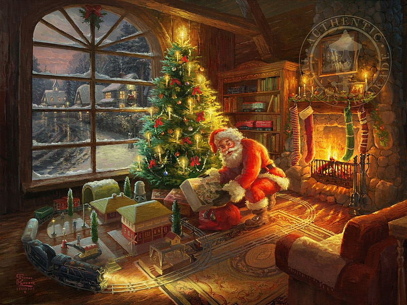 Santa's Special Delivery, christmas tree, cozy, christmas, armchair, dexoration, artwork, xmas, painting, toys, chimney, HD wallpaper