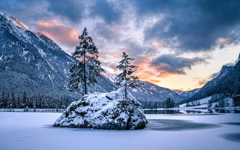 Hintersee Lake, Alps, winter, Berchtesgaden National Park, Bavaria, beautiful nature, Germany, Europe, HD wallpaper