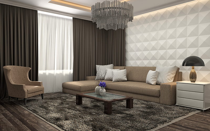 living room project, modern interior design, 3d white panels on the wall, living room, brown colors, dark wood flooring in the living room, stylish interior, HD wallpaper