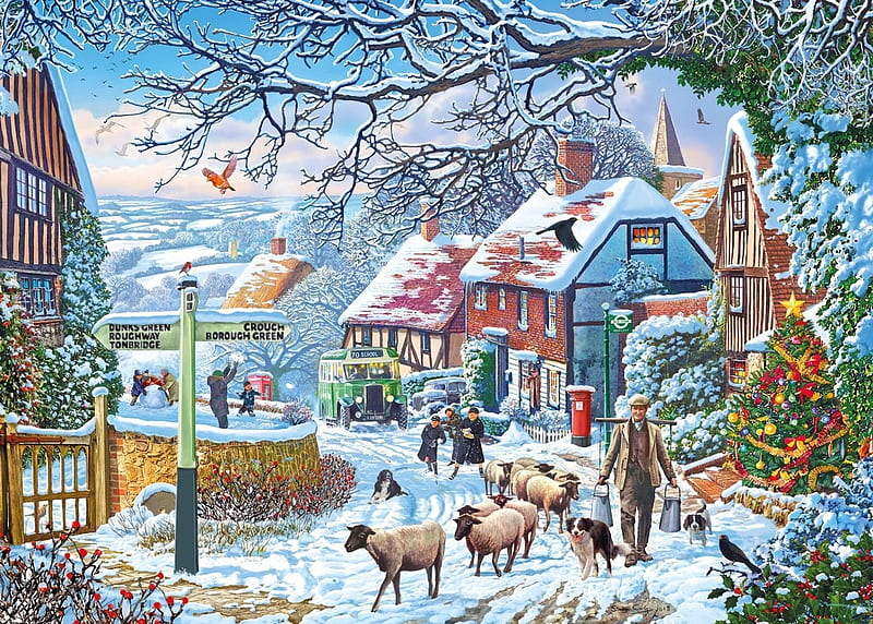 A winter stroll, craciun, christmas, painting, stroll, night, art, iarna, winter, sheep, tree, pictura, HD wallpaper