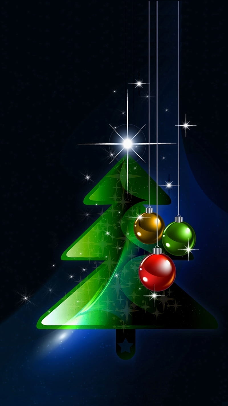 Christmas Tree, art, balls, green, merry, night, star, HD phone wallpaper