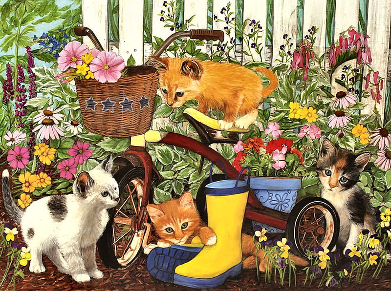 I Can't Reach the Pedals F, art, boot, bonito, pets, artwork, animal, feline, tricycle, basket, painting, wide screen, flowers, garden, cats, HD wallpaper