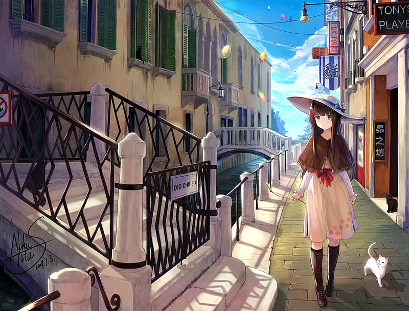 anime girl, canal, walking, dress, cute cat, brown hair, Anime, HD wallpaper