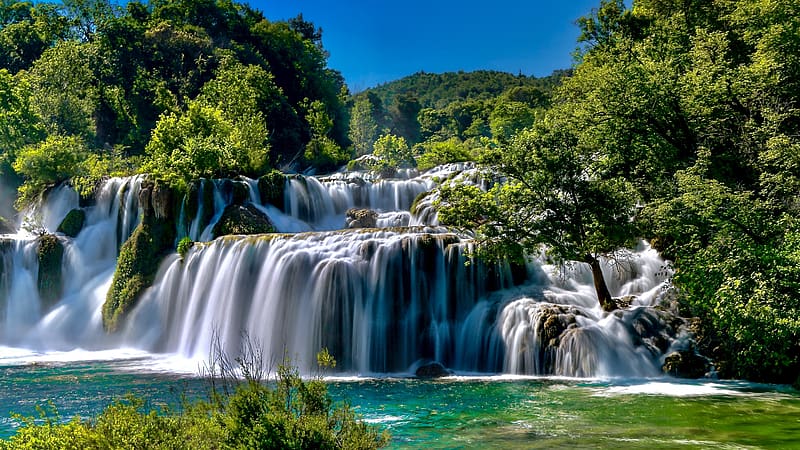 Skradinski Buk Waterfalls, Krka NP, Croatia, river, cascades, trees, sky, rocks, water, pond, HD wallpaper