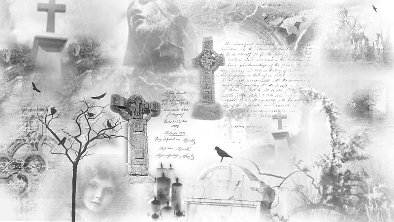 Dark Memories, , cemetery, crows, script, trees, mystic, goth, fantasy, graves, dark, crosses, headstones, writing, HD wallpaper