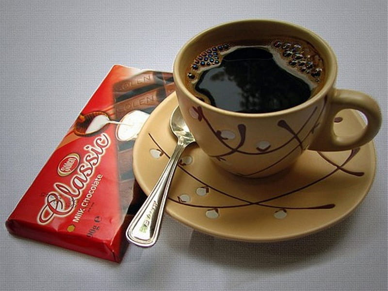 Good Morning, coffee, spoon, chocolate, cup, morning break, HD wallpaper