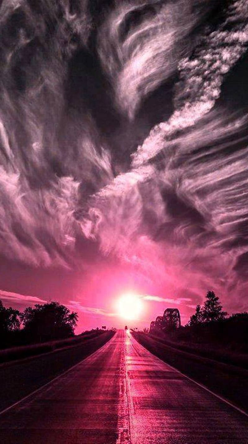 Sunset, landscape, pink, road, HD phone wallpaper