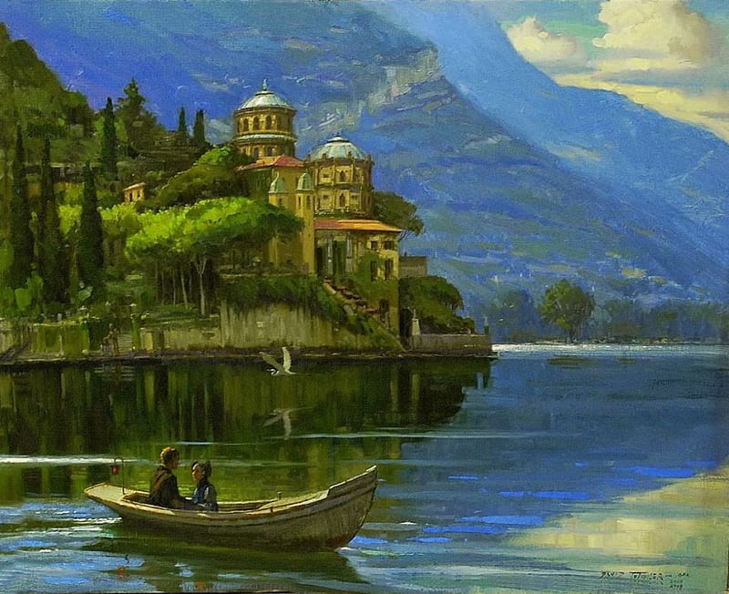 Lake Como, building, water, boat, mountains, artwork, HD wallpaper