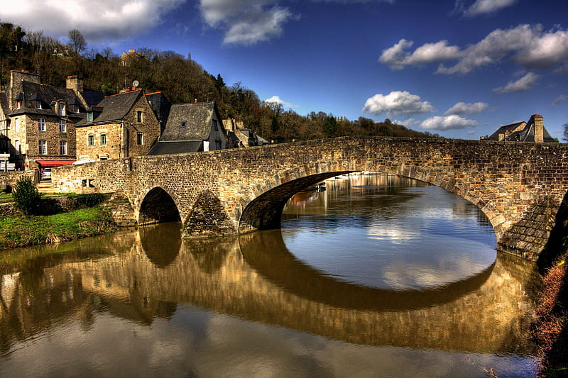 Village Bridge, brick, rock, bridge, village, river, clouds, sky, old, HD wallpaper
