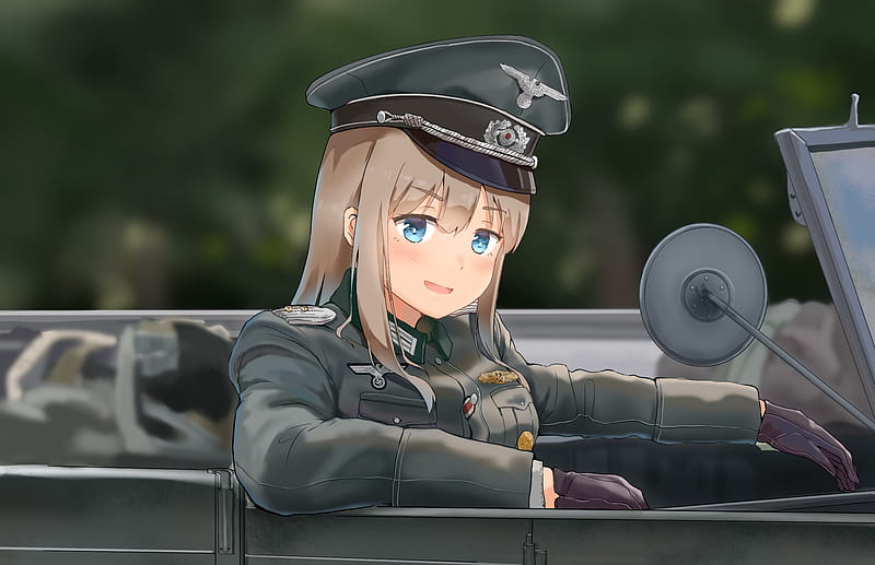 military unime girl, uniform, gloves, heavy vehicle, blue eyes, Anime, HD wallpaper
