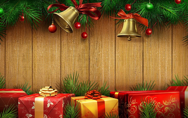 Merry Christmas!, red, craciun, christmas, box, bell, gift, card, green, wood, HD wallpaper