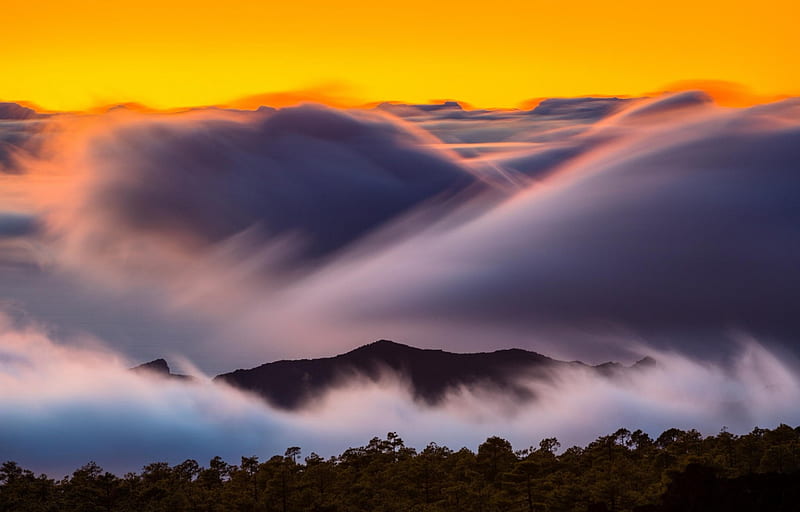 Misty Mountains, sunset, sky, landscape, fog, HD wallpaper