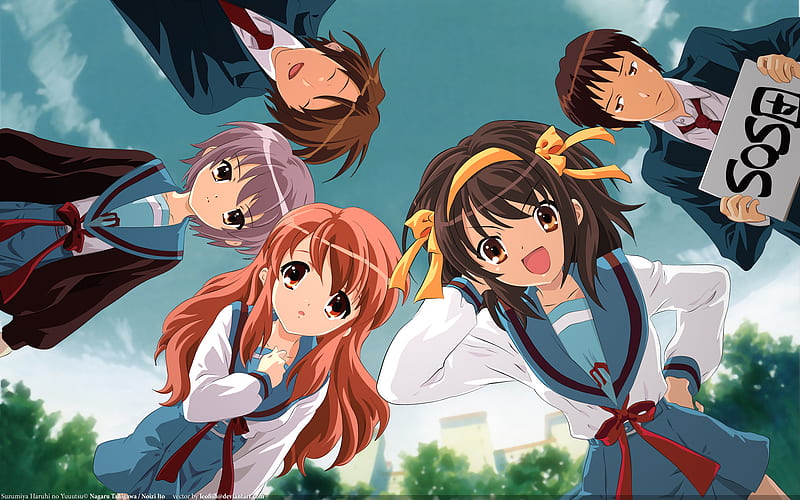 The Melancholy of Suzumiya Haruhi, female, male, brown, orange, suzumiya, trees, sky, clouds, hair, melancholy, haruhi, uniform, anime, violet, sos, HD wallpaper