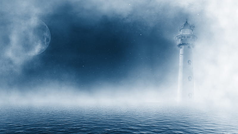 :-), moon, mist, lighthouse, fog, sea, vara, moon, summer, white, night, blue, HD wallpaper