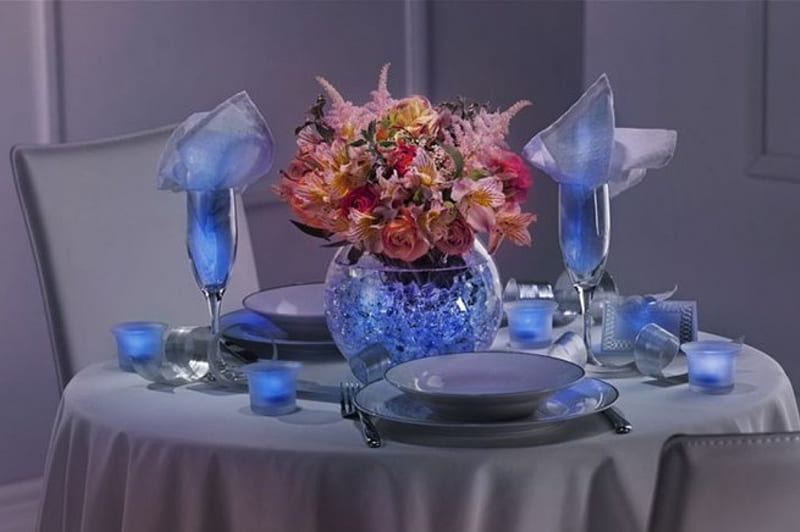 Blue Wedding Centerpieces, still life, cool, weddings, interior, flowers, beauty, blue, HD wallpaper