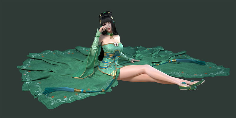 Fantasy girl, fantasy, dress, girl, green, asian, gris, yuewang, frumusete, luminos, yue wang, HD wallpaper