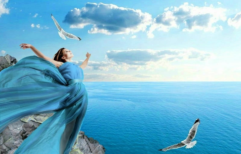 I want to fly, birds, woman, sea, HD wallpaper