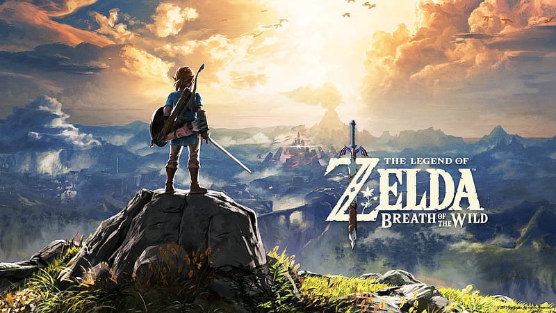 link, the legend of zelda: breath of the wild, artwork, clouds, sword and shield, game landscape, Games, HD wallpaper