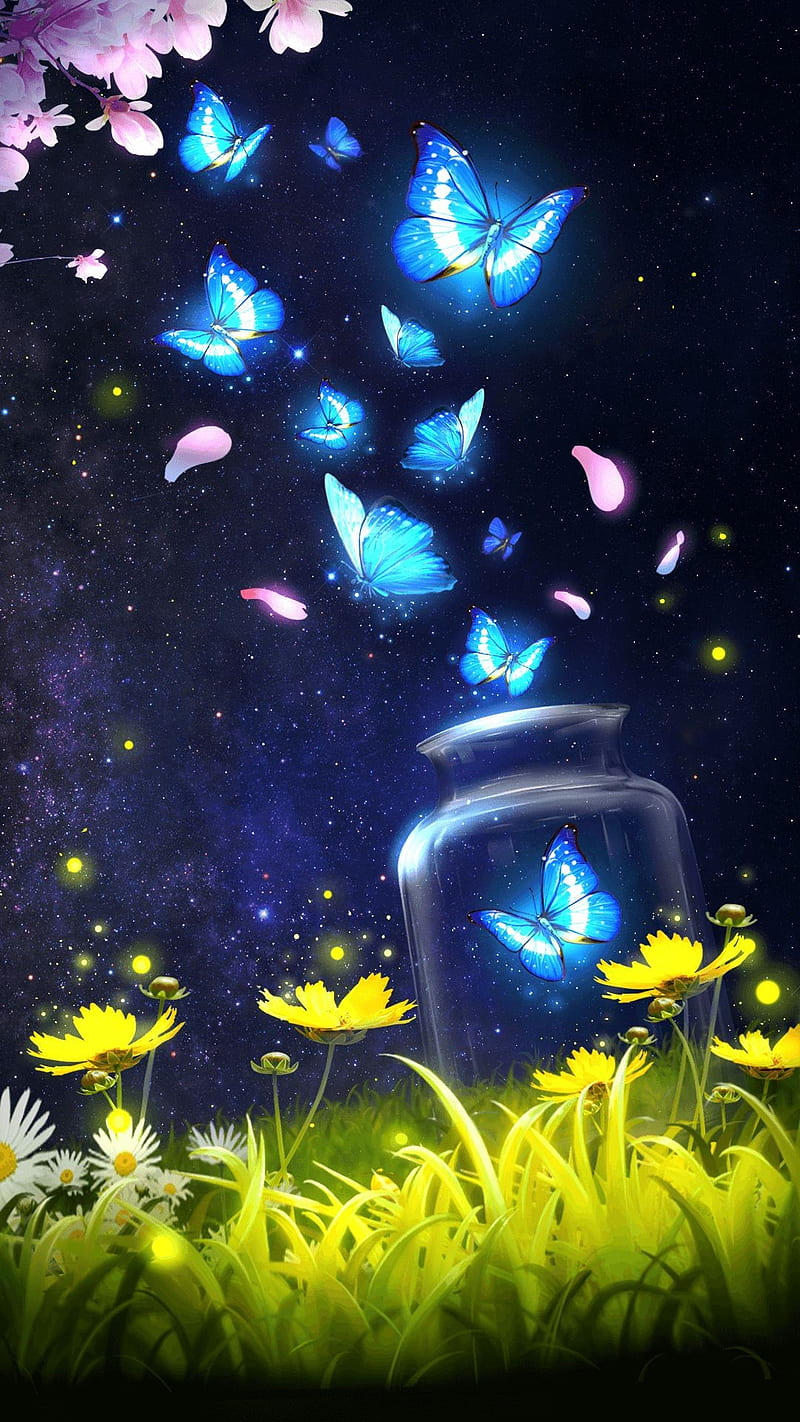 Feilds, butterflies, cosmos, field, lights, masin jar, night, universe, HD phone wallpaper