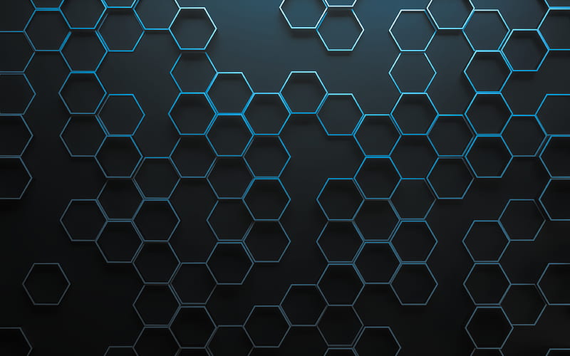 blue linear hexagons hexagons 3D texture, honeycomb, hexagons patterns, hexagons textures, 3D textures, gray backgrounds, 3D hexagons, HD wallpaper