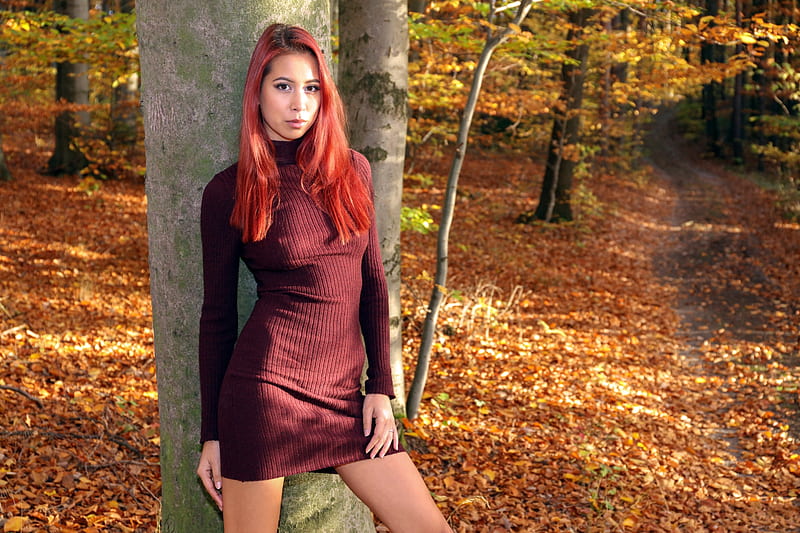 Paula Shy in the Autumn, autumn, dress, model, redhead, HD wallpaper 