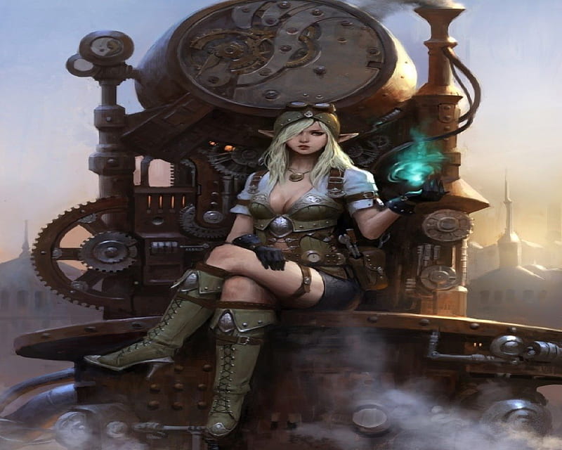 Steampunk Elf, fantasy, female, train, steampunk, elf, magic, HD wallpaper