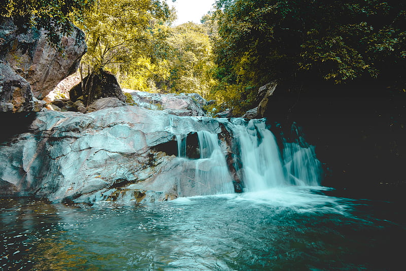 river, waterfall, rocks, trees, landscape, HD wallpaper