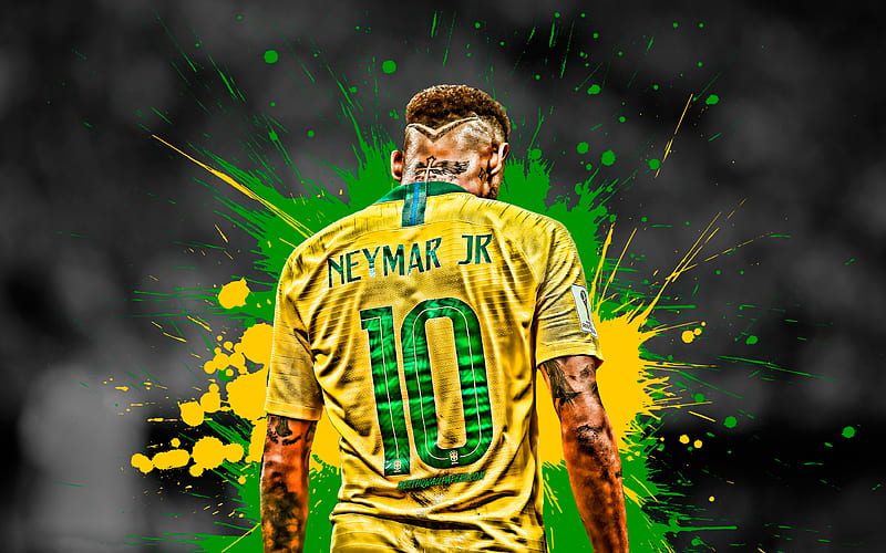 Neymar, back view, green and yellow blots, Brazil National Team, football stars, Neymar JR, soccer, joy, creative, grunge, Brazilian football team, HD wallpaper