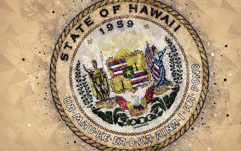 Seal of Hawaii emblem, geometric art, Hawaii State Seal, American states, gray background, creative art, Hawaii, USA, state symbols USA, HD wallpaper