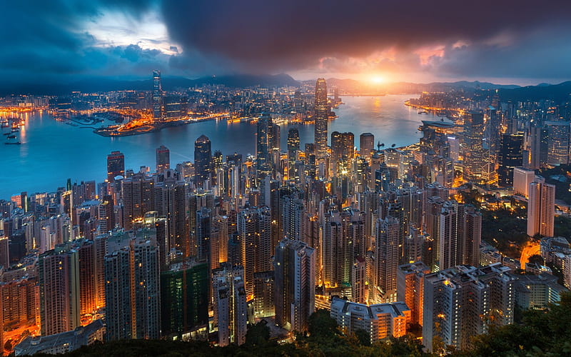 Hong Kong, city, Victoria Harbour, morning, sunrise, skyscrapers, HD wallpaper