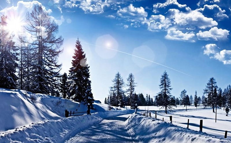 Clear Winter Morning, fence, snow, sunshine, clouds, sky, landscape, HD ...