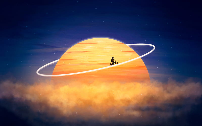 abstract nightscapes moon, cyclist silhouette, clouds, creative, abstract art, HD wallpaper
