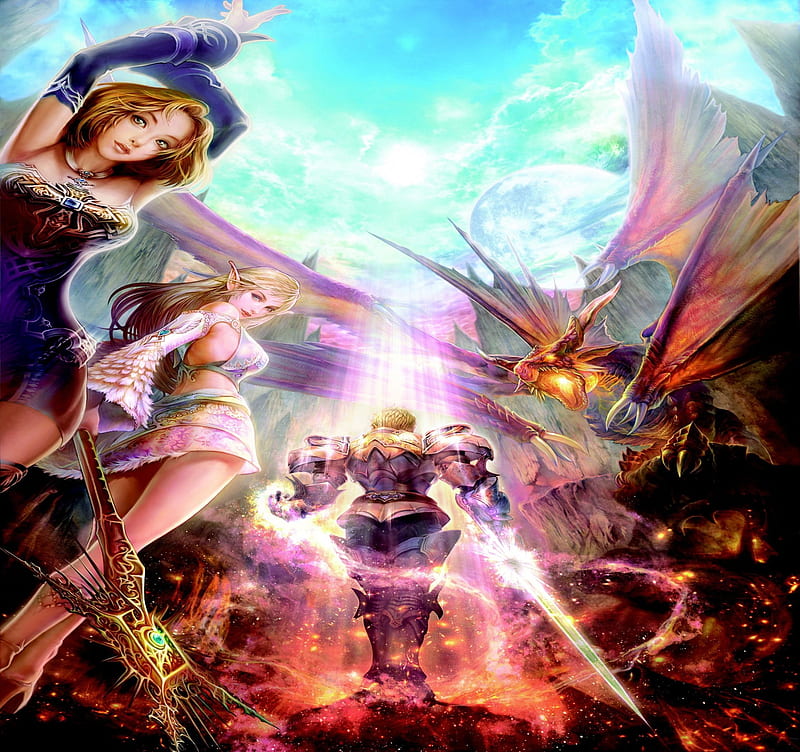 Lineage II, staff, lineage 2, games, talons, boots, green eyes, video game, game, sorceress, video games, thigh highs, elves, dragon, horns, moon, gloves, long hair, pointy ears, sword, lineage, wings, necklace, elf, brown hair, blonde hair, sky, weapons, short skirts, armor, warrior, armour, knight, HD wallpaper