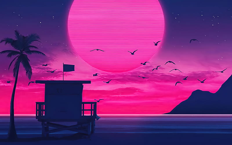 abstract sunset, beach, purple moon, lifeguard box, summer, sunset, nightscapes, abstract landscapes, HD wallpaper