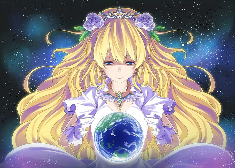 Mother Earth, pretty, beutiful, space, sparks, magic, sweet, nice, fantasy, anime, beauty, anime girl, long hair, huge, star, lovely, blonde, sexy, cute, planet, glow, blond, big, hot, tiara, blue eyes, giant, female, blonde hair, blond hair, girl, universe, flower, earth, HD wallpaper