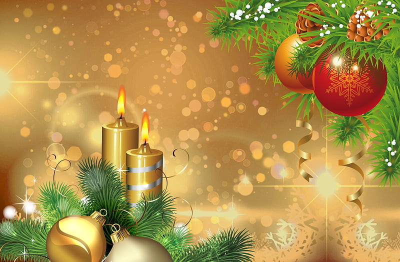 Christmas decoration, Christmas, gold, train, balls, background, decorations, Branch, candles, HD wallpaper