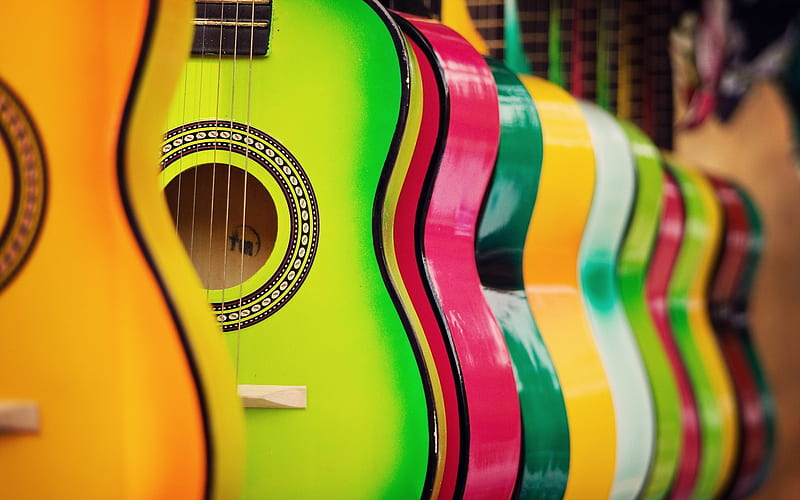 Multicolored guitars, guitar shop, music, wooden guitars, HD wallpaper