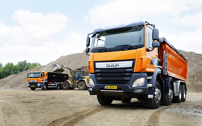 DAF CF, Euro 6, 4x8, Career dump truck, quarry, orange CF, cargo delivery, trucks, DAF, HD wallpaper