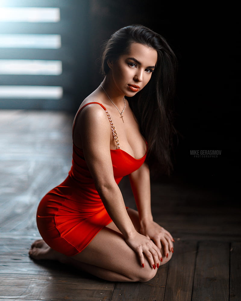 Mihail Gerasimov, women, dark hair, long hair, looking at viewer, makeup, necklace, dress, red clothing, barefoot, on the floor, red dress, minidress, cleavage, crucifix necklace, HD phone wallpaper