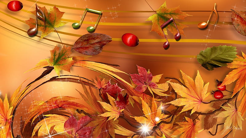 Melody of Autumn, fall, autumn, orange, notes, breeze, shine, bronze, sparkle, leaves, gold, amber, bright, musical, light, stars, maple, music, wind, berries, HD wallpaper