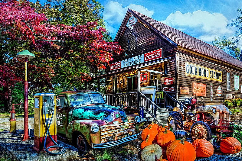The Crazy Mule, tractor, house, autumn, car, painting, trees, pumpkins, artwork, HD wallpaper