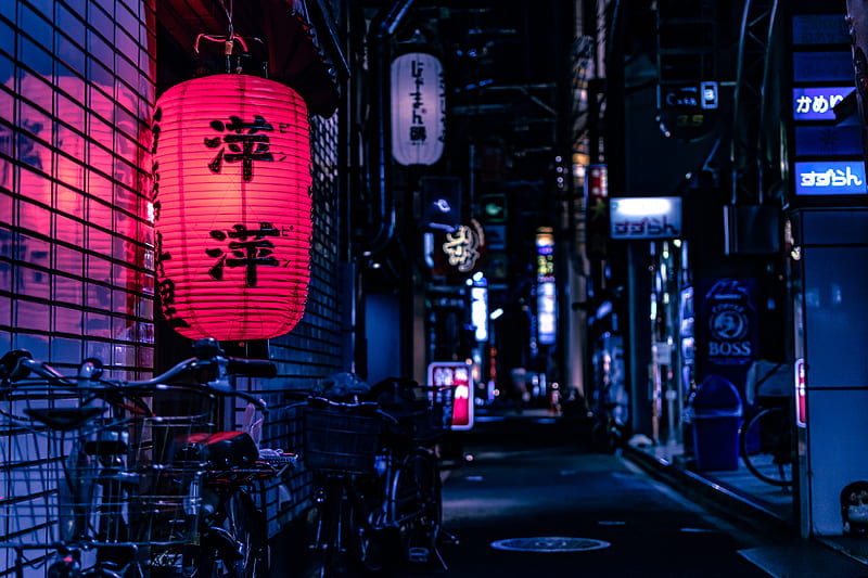 Japanese lantern over city bike at nighttime, HD wallpaper