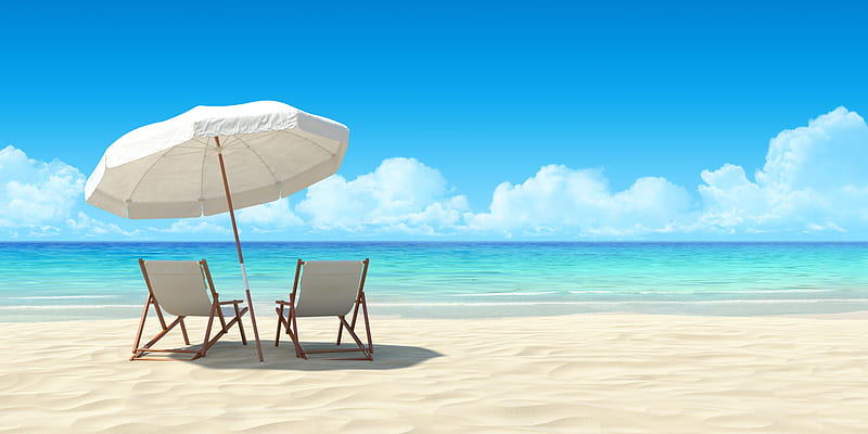 Chairs On Beach, white sand, sunny day, travel, bonito, clouds, sea, beach, summer, vacations, blue sky, tropical, HD wallpaper