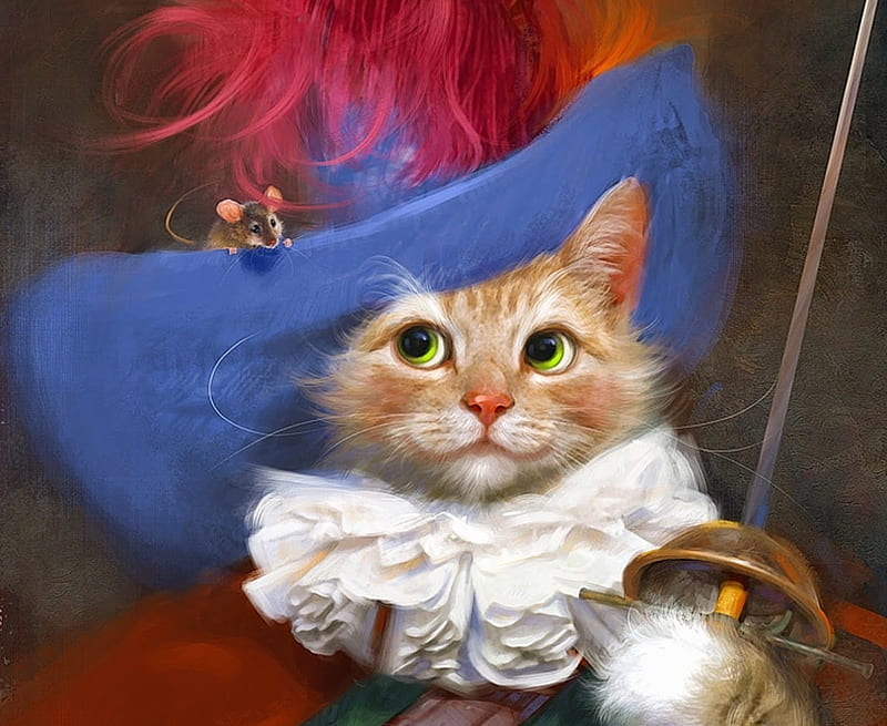 D'Artagnan cat, red, dartagnan, art, luminos, cat, hat, fantasy, feather, mouse, sword, pisica, blue, HD wallpaper