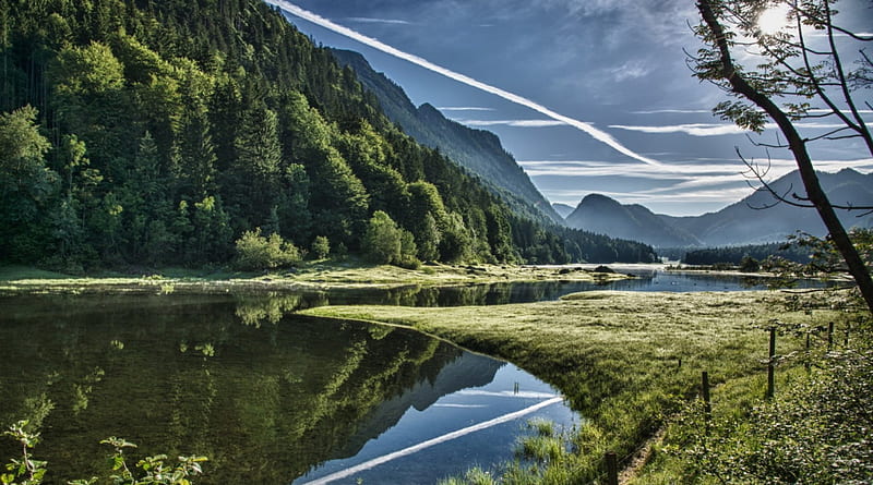 contrails above a beautiful river valley, forest, mountains, contrails, river, clouds, valley, HD wallpaper
